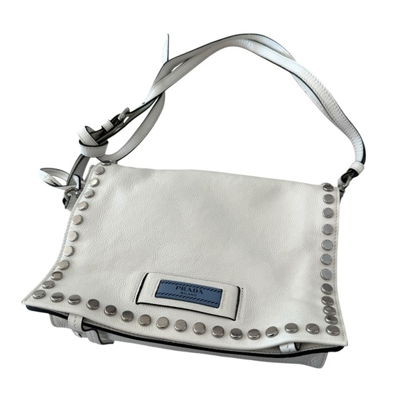 Prada Handbags - Prada Glace Studded Calfskin Leather Purse Etiquette Flap Foldover Handbag New
